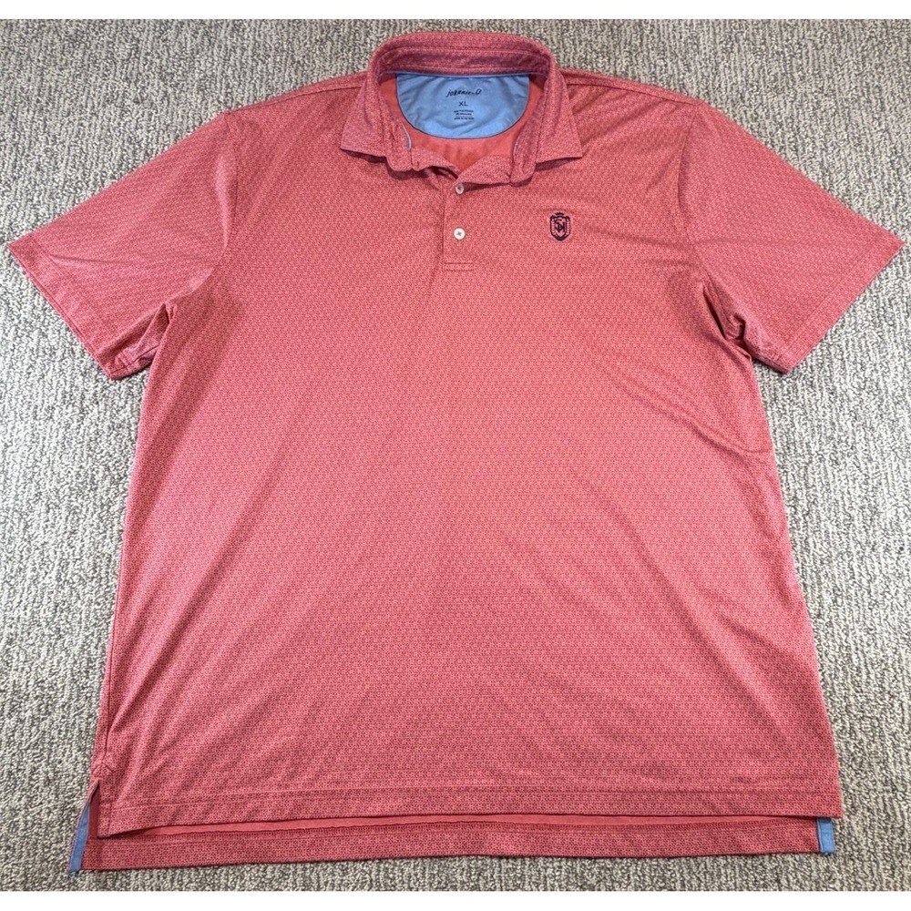 Johnnie O Polo Men's Sz XL Conch Pink Short Sleeve All Over Print Logo Stretch